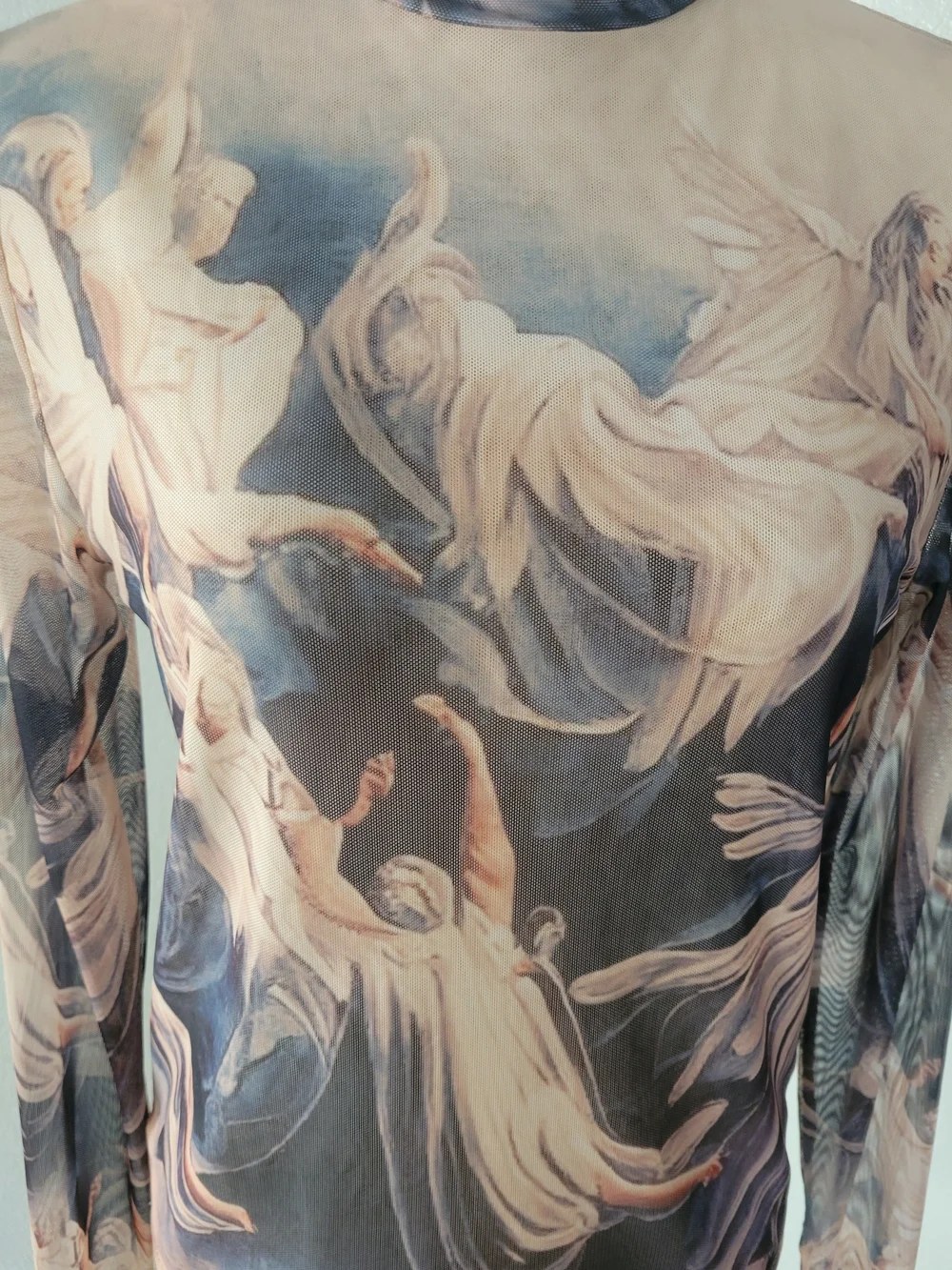 She's So Fresh Renaissance Angel Cherub Print Mesh Mock Neck Top L - Picture 5 of 11